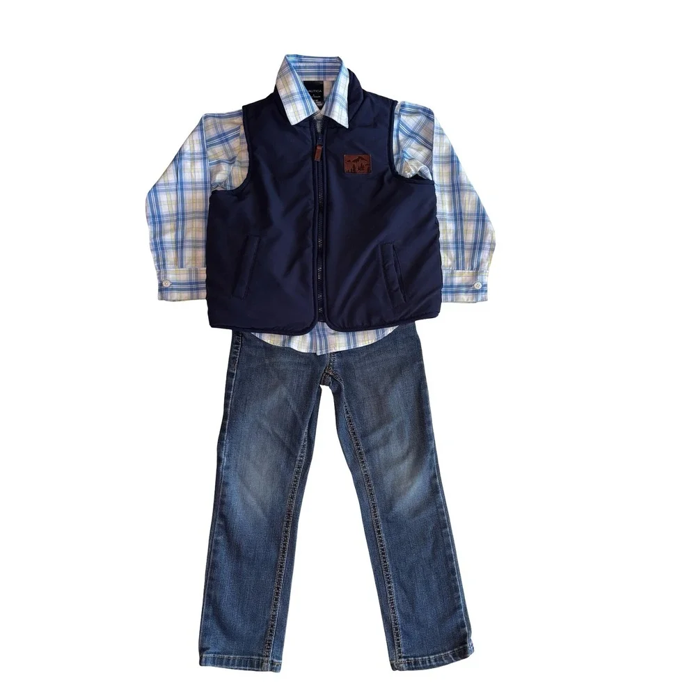 Nautica Levi's Boys 3 Piece Vest Plaid Shirt Jeans Set Size 5 Blue Excellent